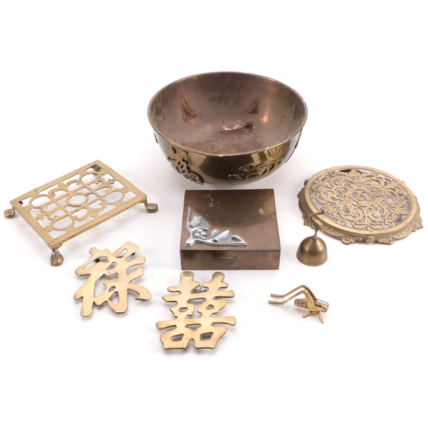 Chinese Brass Bowl, Trivets, Dinner Bell, Trinket Box, and Other Items