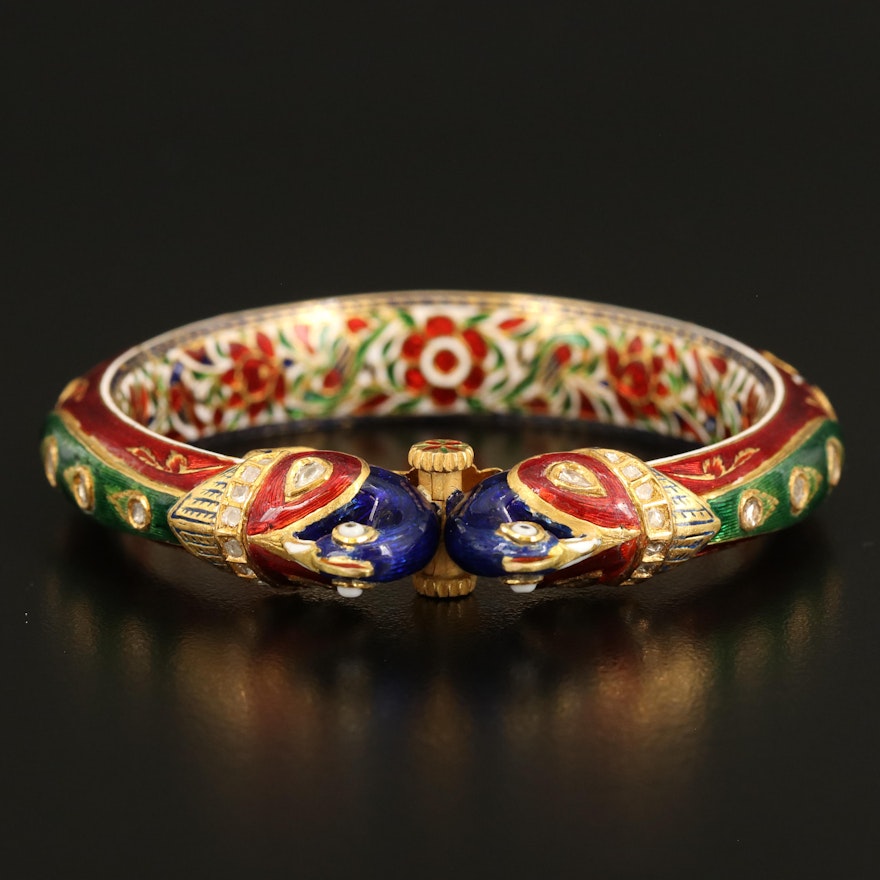 Mughal Style 18K Cloisonné Enamel, Diamond and Glass Addorsed Peacock Bangle
