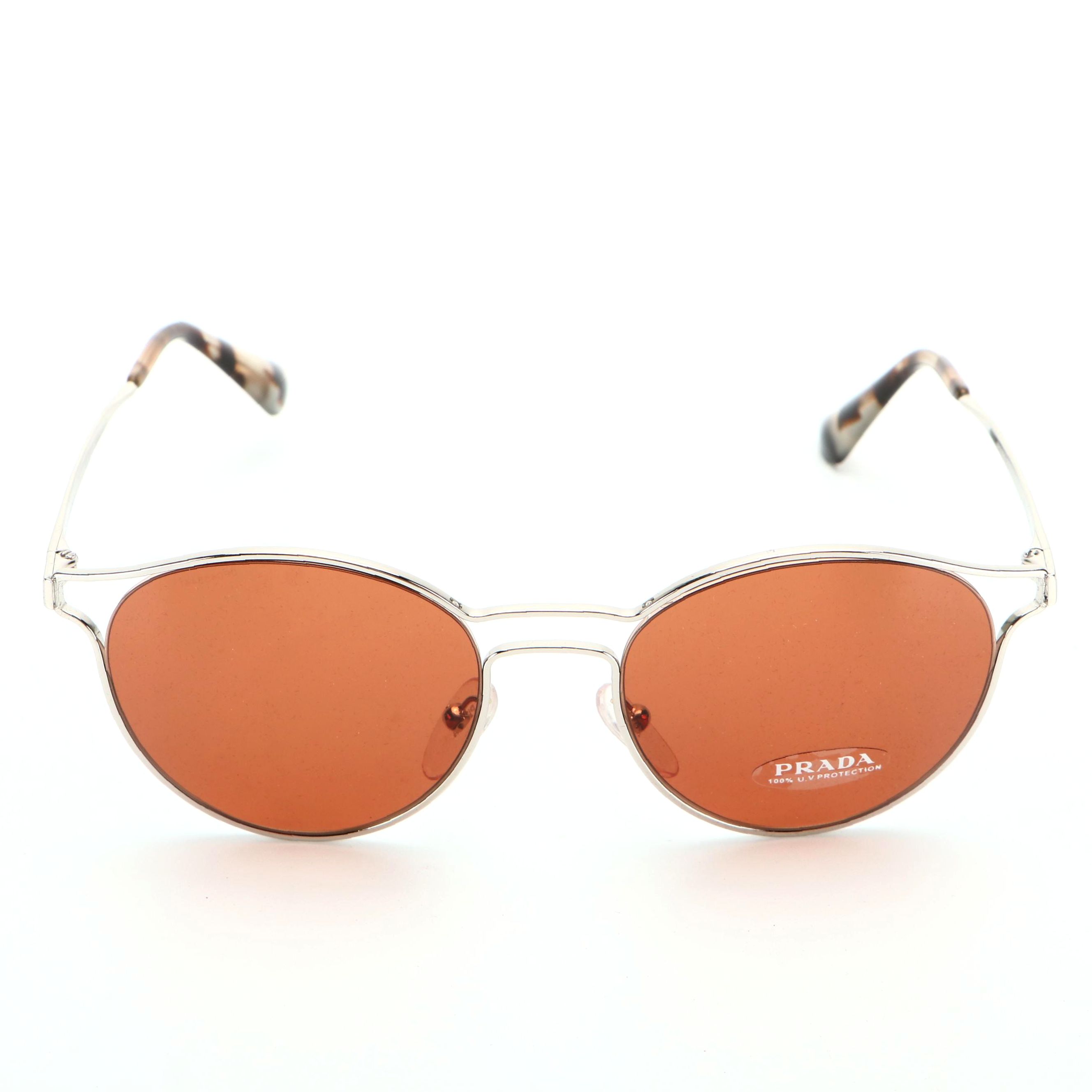 Prada SPR62S Cinema Metal and Brown Frame Sunglasses with Brown Round Lens