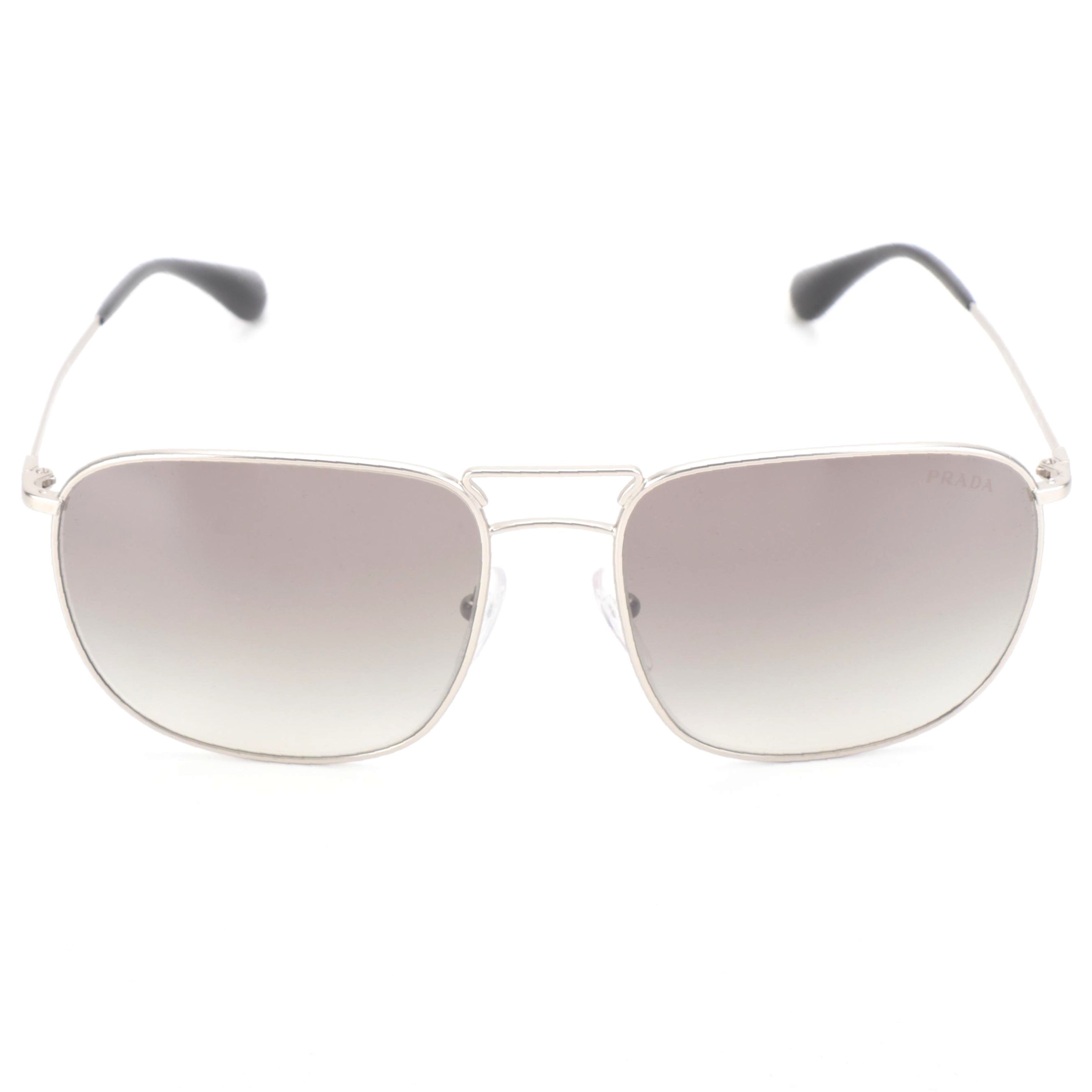 Prada SPR 52T Square Aviator Sunglasses in Matte Silver Tone with Case and Box