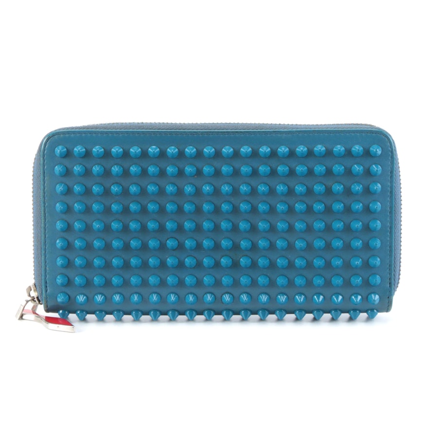 Christian Louboutin Spiked Blue Calfskin Leather Panettone Zip Wallet