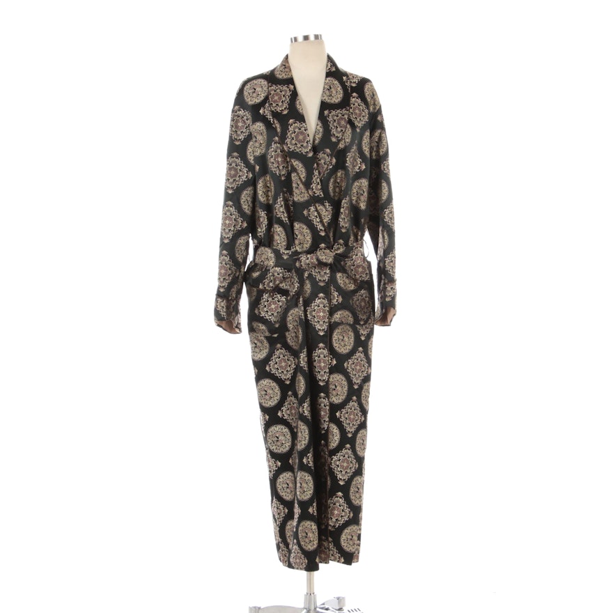 Unisex Brocade Shawl Collar Robe with Cord Trim and Silk Lining