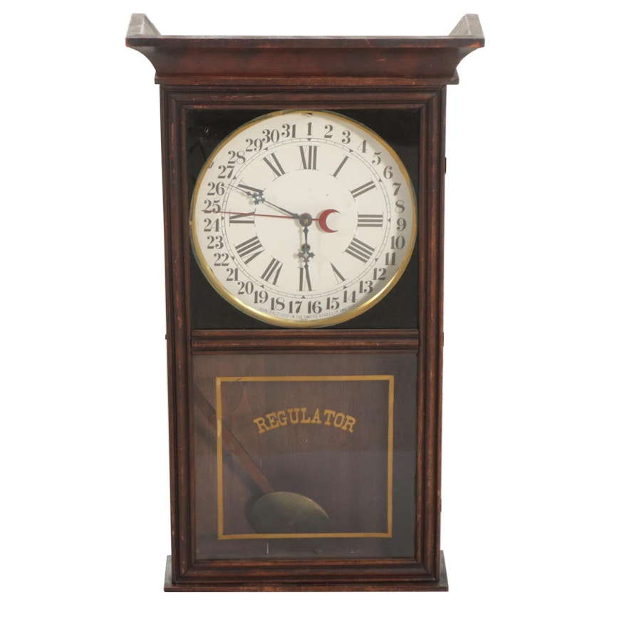 Wooden Regulator Calendar Clock, Late 19th to Early 20th Century