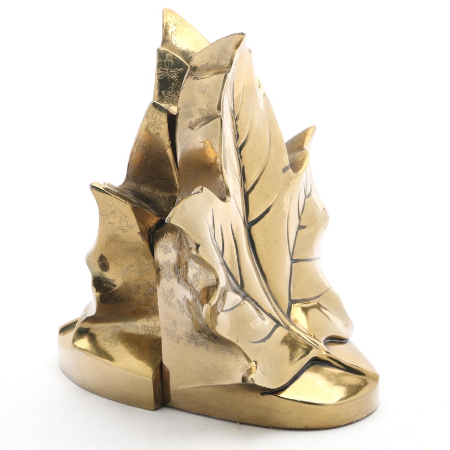 Brass Toned Metal Maple Leaf Figural Bookends, Late 20th Century