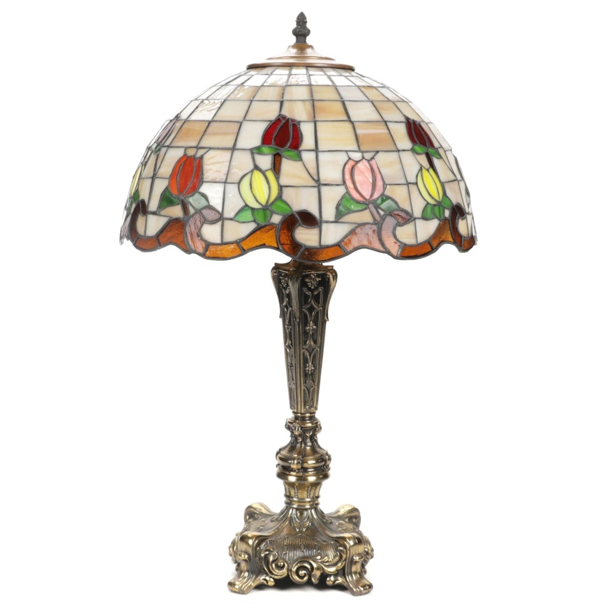 Loevsky & Loevsky Table Lamp with Stained and Slag Glass Water Lilies Shade