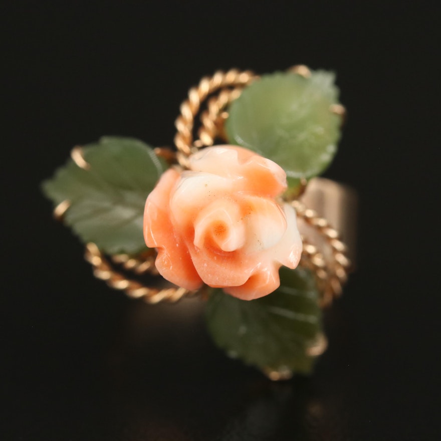 14K Carved Coral Flower and Nephrite Leaf Ring with Braided Detail