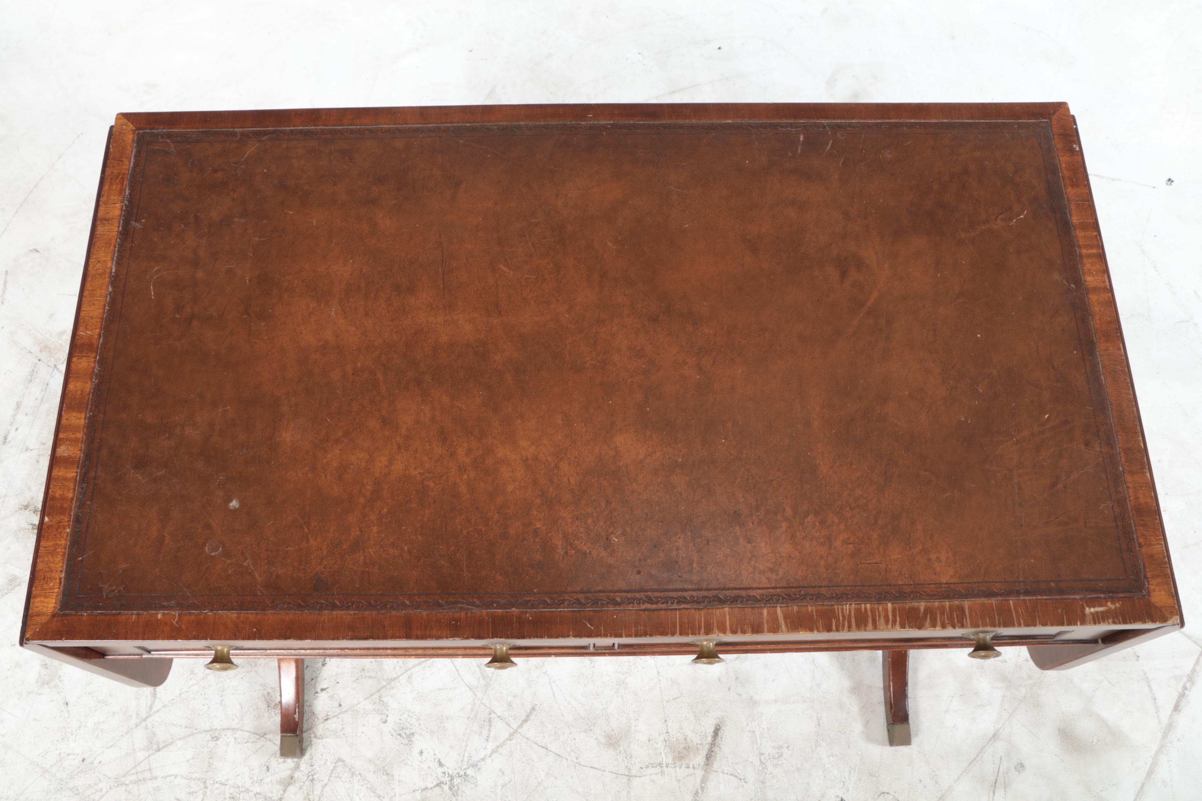 Regency Style Leather Top Mahogany Sofa Table, Mid-20th Century
