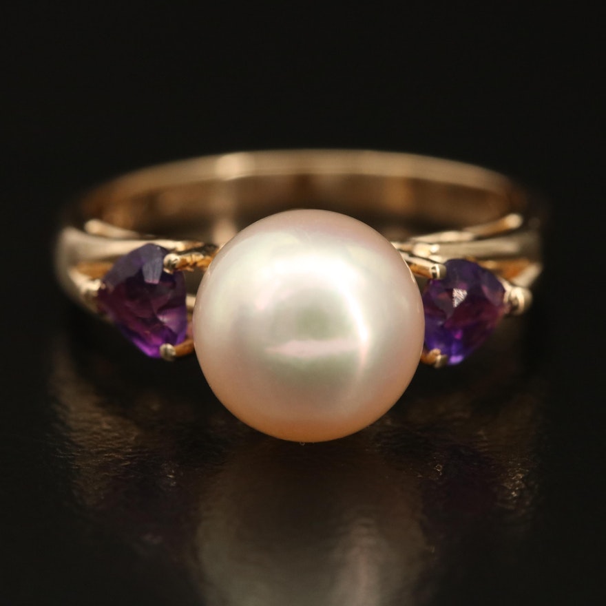 14K Pearl Ring with Heart Amethyst Shoulders