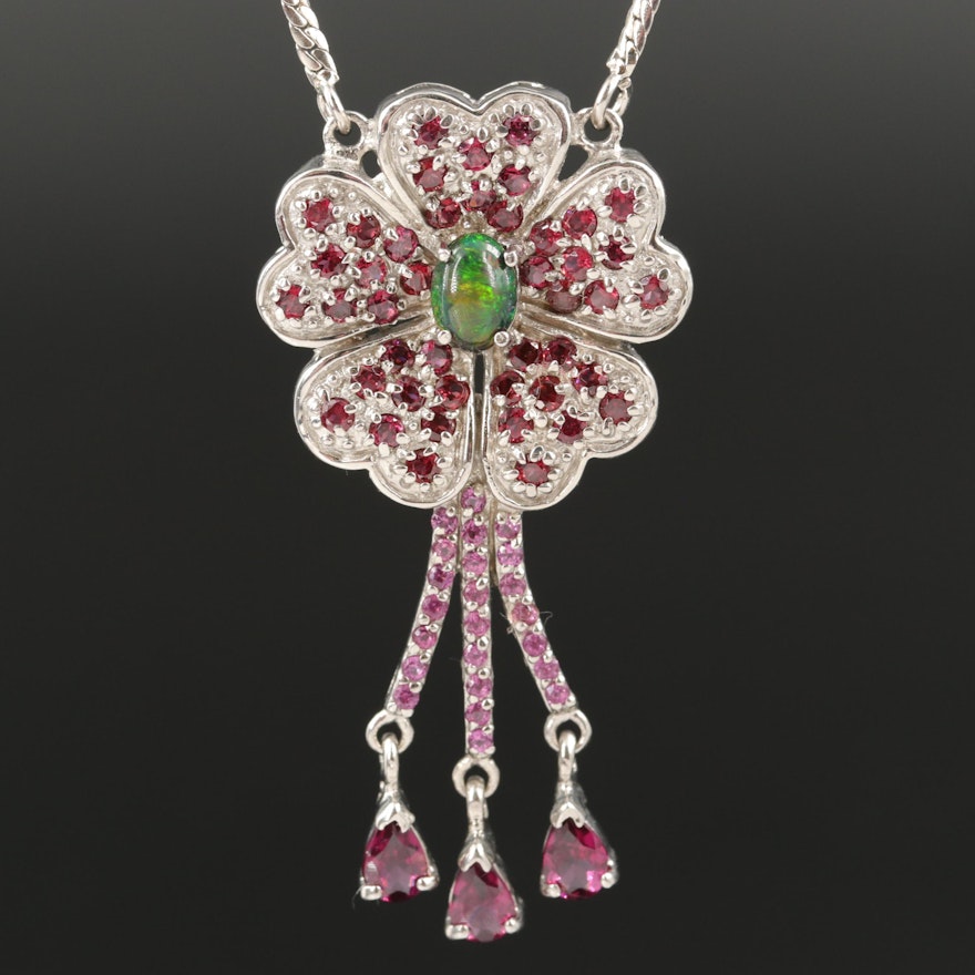Sterling Sterling Opal and Garnet Floral Stationary Pendant Necklace