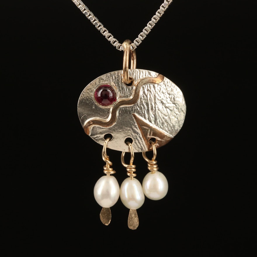 Sterling Rhodolite Garnet and Pearl Pendant Necklace