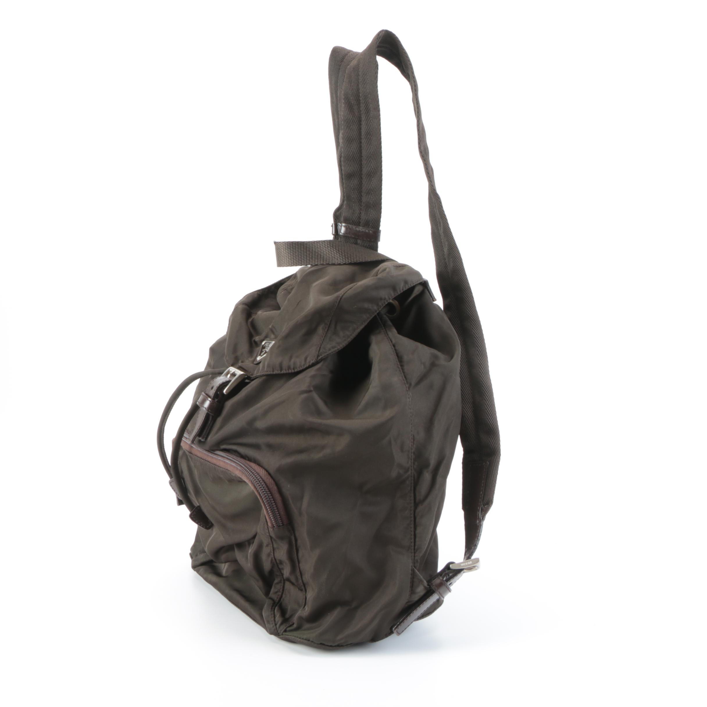Prada Small Backpack in Dark Olive Nylon Tessuto with Dark Brown Leather Trim