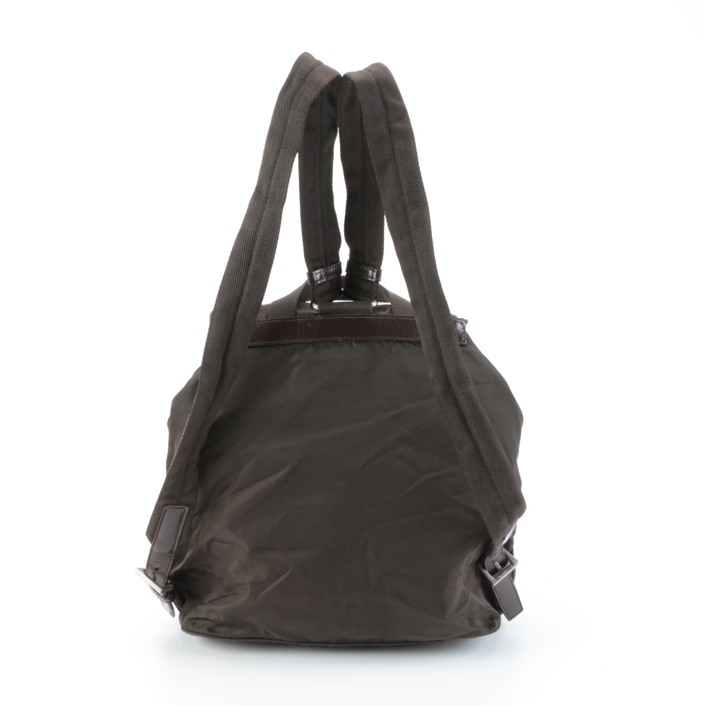 Prada Small Backpack in Dark Olive Nylon Tessuto with Dark Brown Leather Trim