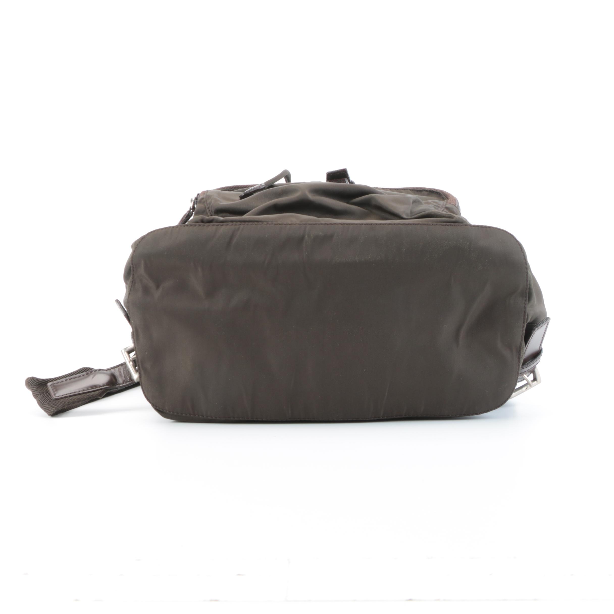Prada Small Backpack in Dark Olive Nylon Tessuto with Dark Brown Leather Trim