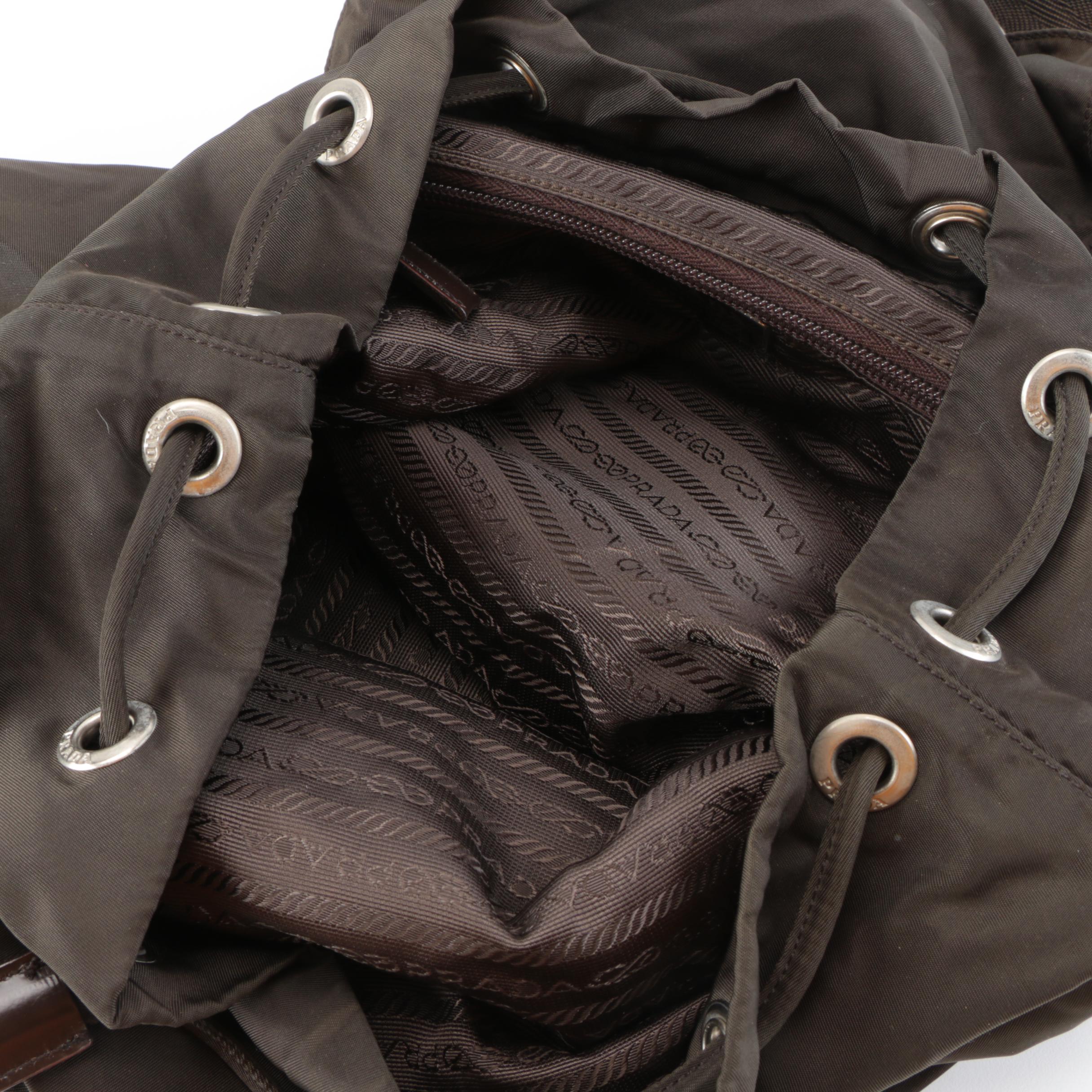 Prada Small Backpack in Dark Olive Nylon Tessuto with Dark Brown Leather Trim