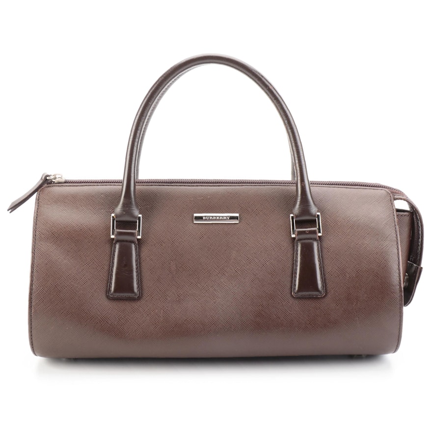 Burberry Top Handle Baguette-Style Handbag in Brown Saffiano Leather