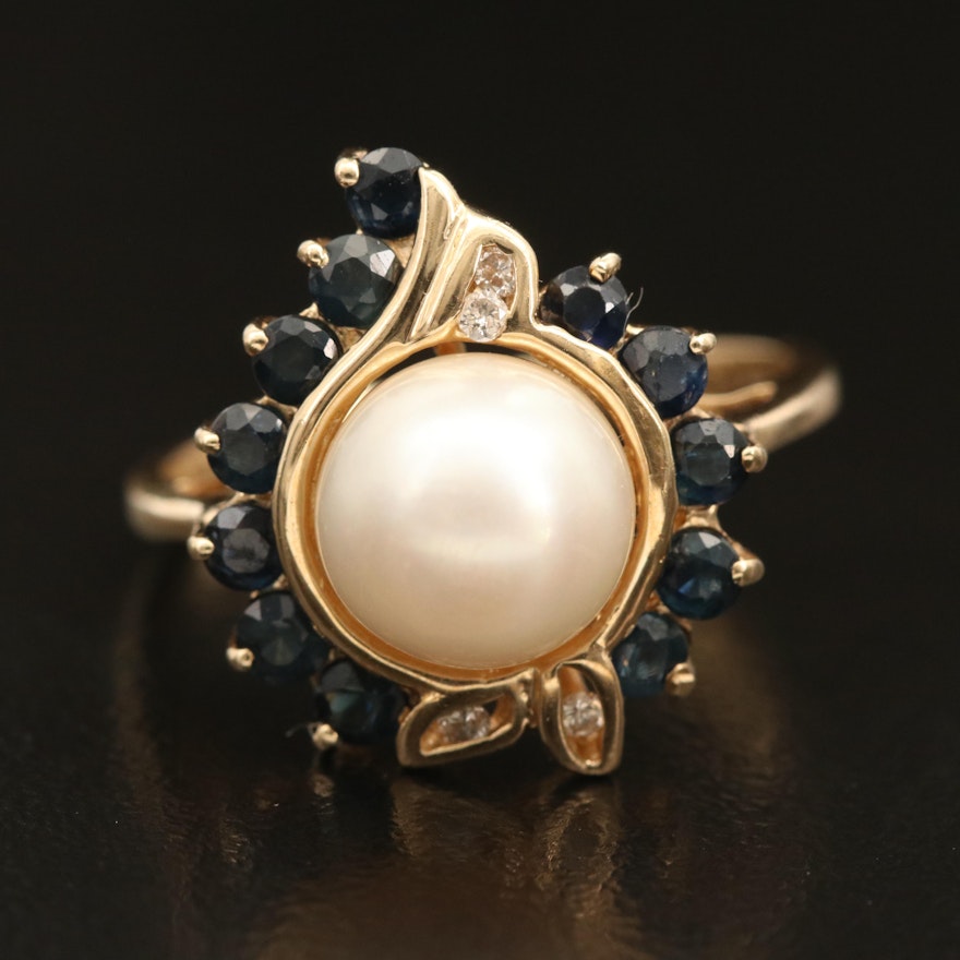 14K Pearl, Sapphire, and Diamond Ring