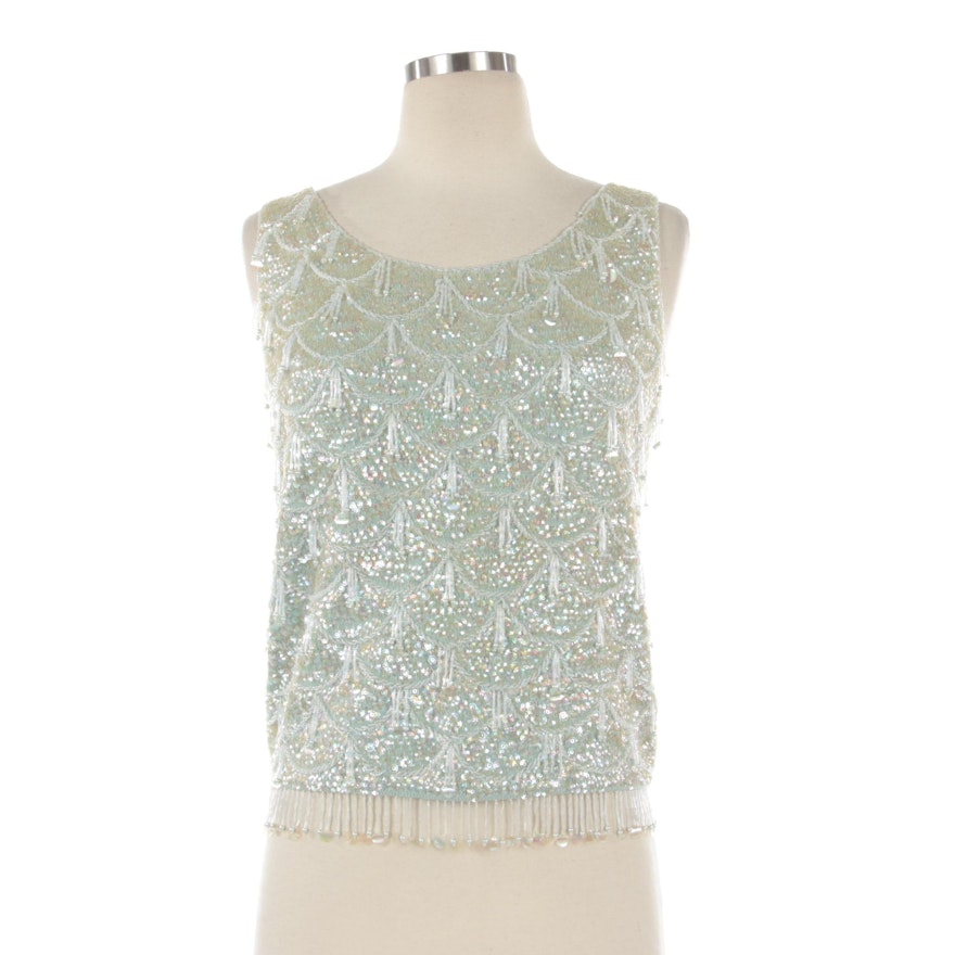 Hand-Beaded and Sequin Embellished Pale Green Wool Sleeveless Top