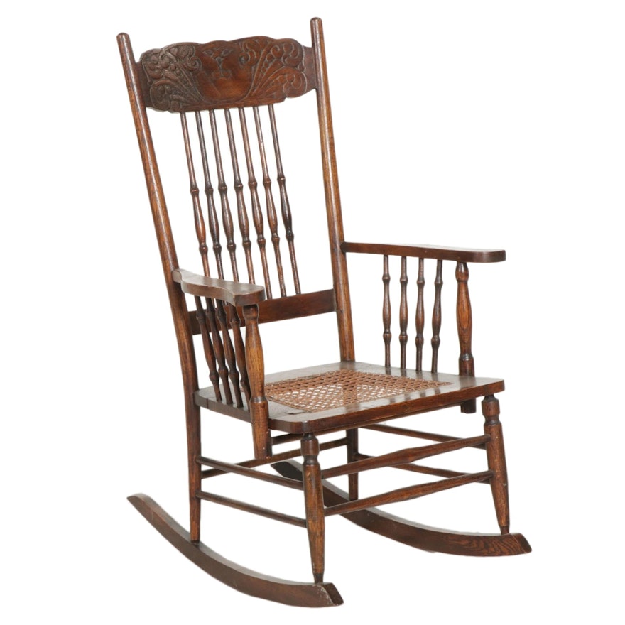 Victorian Pressed Back Oak Rocking Chair with Woven Cane Seat