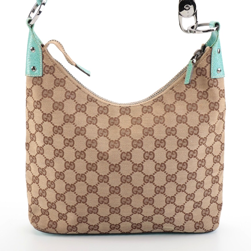 Gucci GG Canvas and Turquoise Blue Leather Shoulder Bag