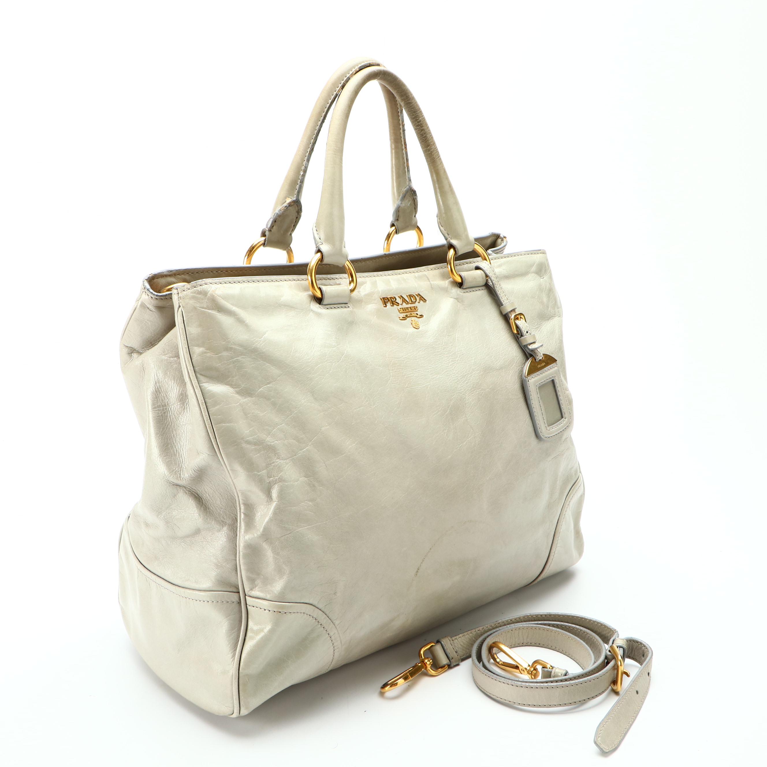 Prada Tote Bag in Pale Green Glacé Calfskin with Detachable Shoulder Strap