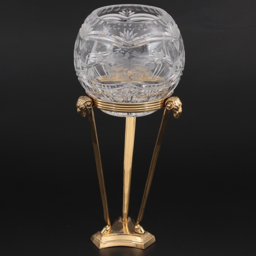 Cut Crystal Rose Bowl on Brass Stand with Rams Heads