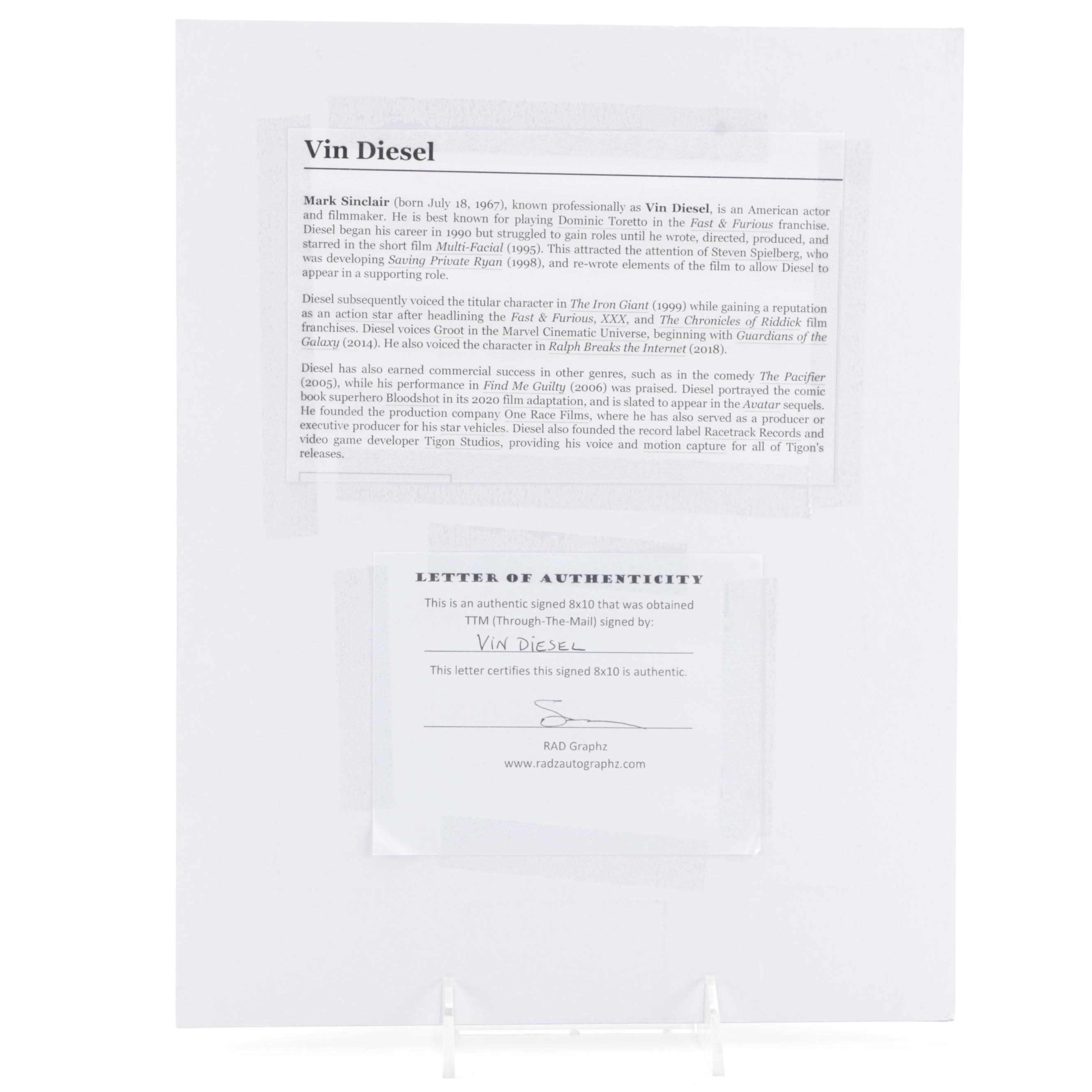 Vin Diesel "Dominic Toretto" Signed "Fast & Furious" Movie Photo Print, COA