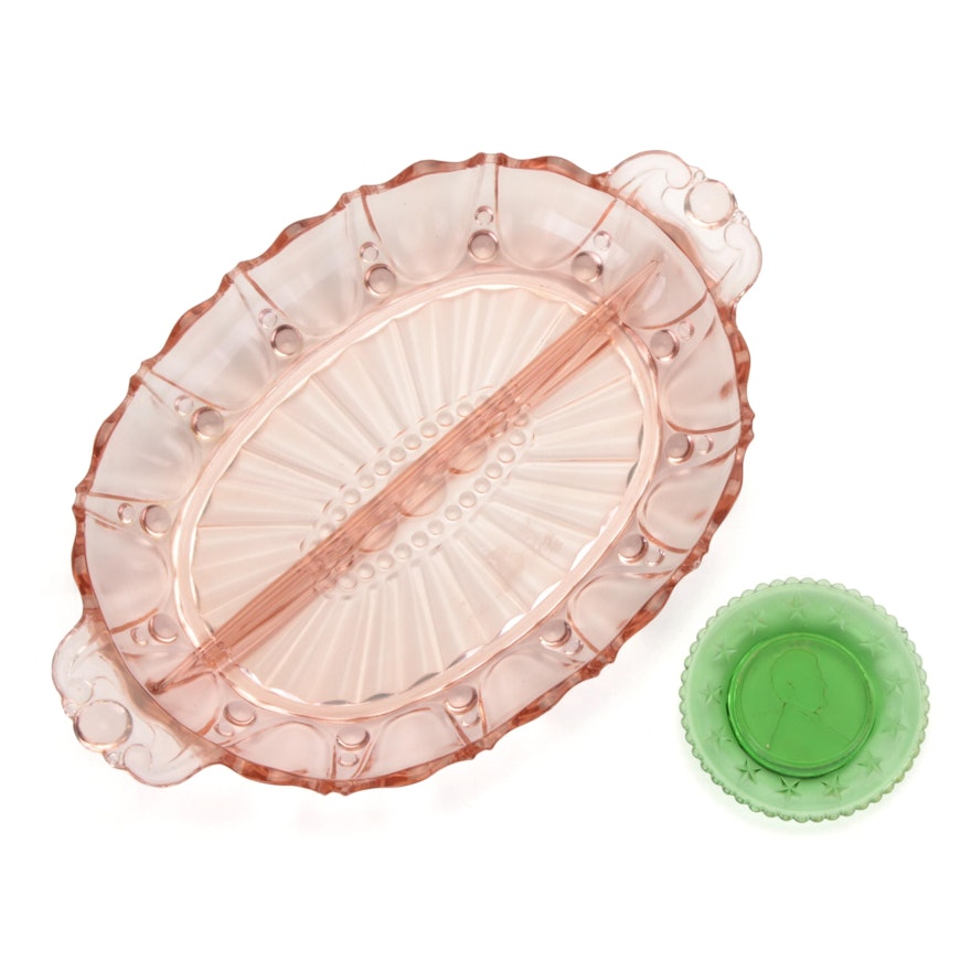 Anchor Hocking "Oyster and Pearl" Pink  Relish Dish with Other Green Glass Dish