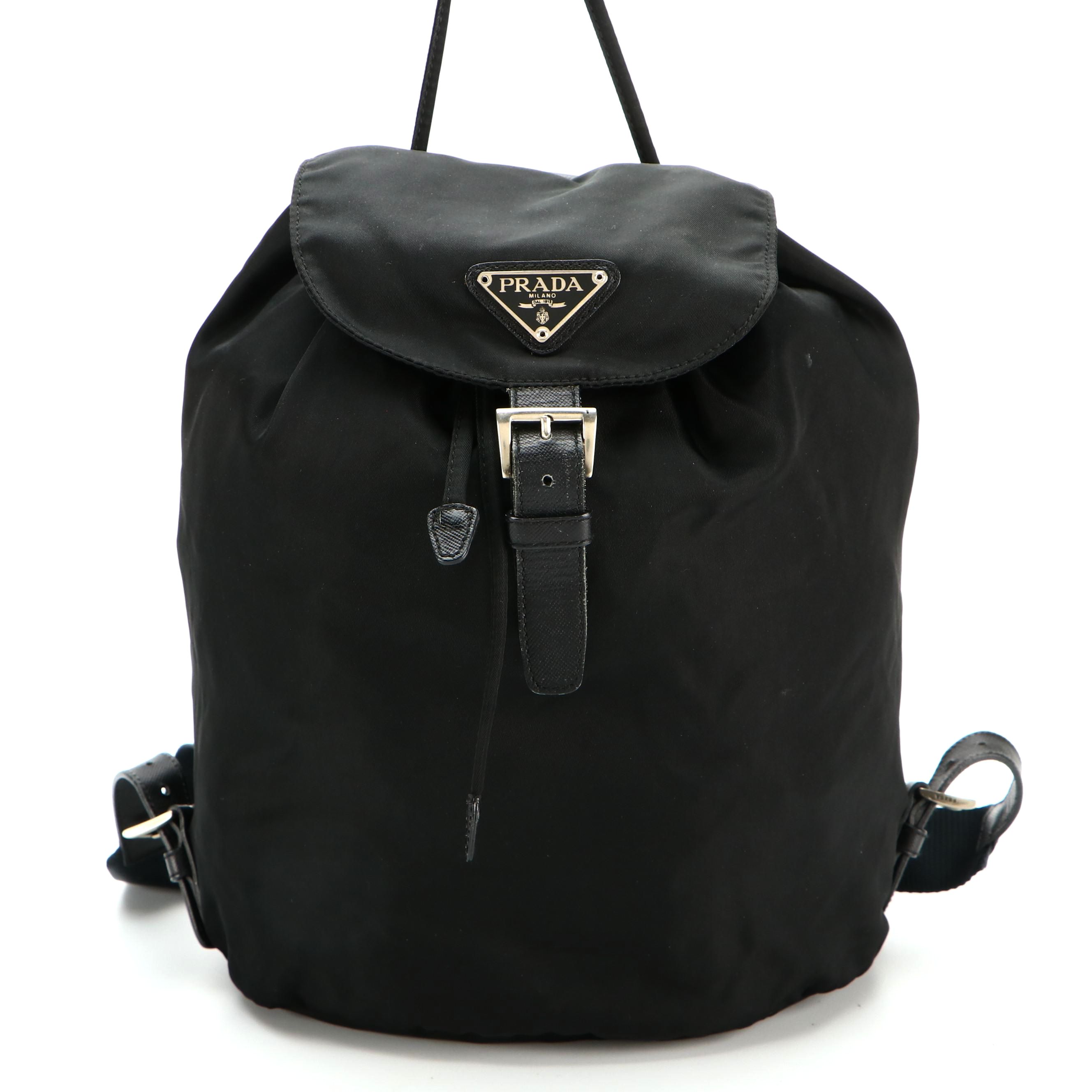 Prada Drawstring Backpack in Black Tessuto Nylon and Saffiano Leather