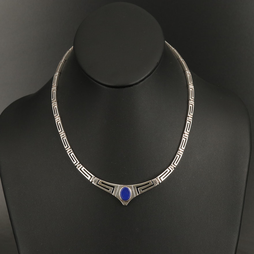 Sterling Silver Faux Lapis Lazuli Greek Key Necklace