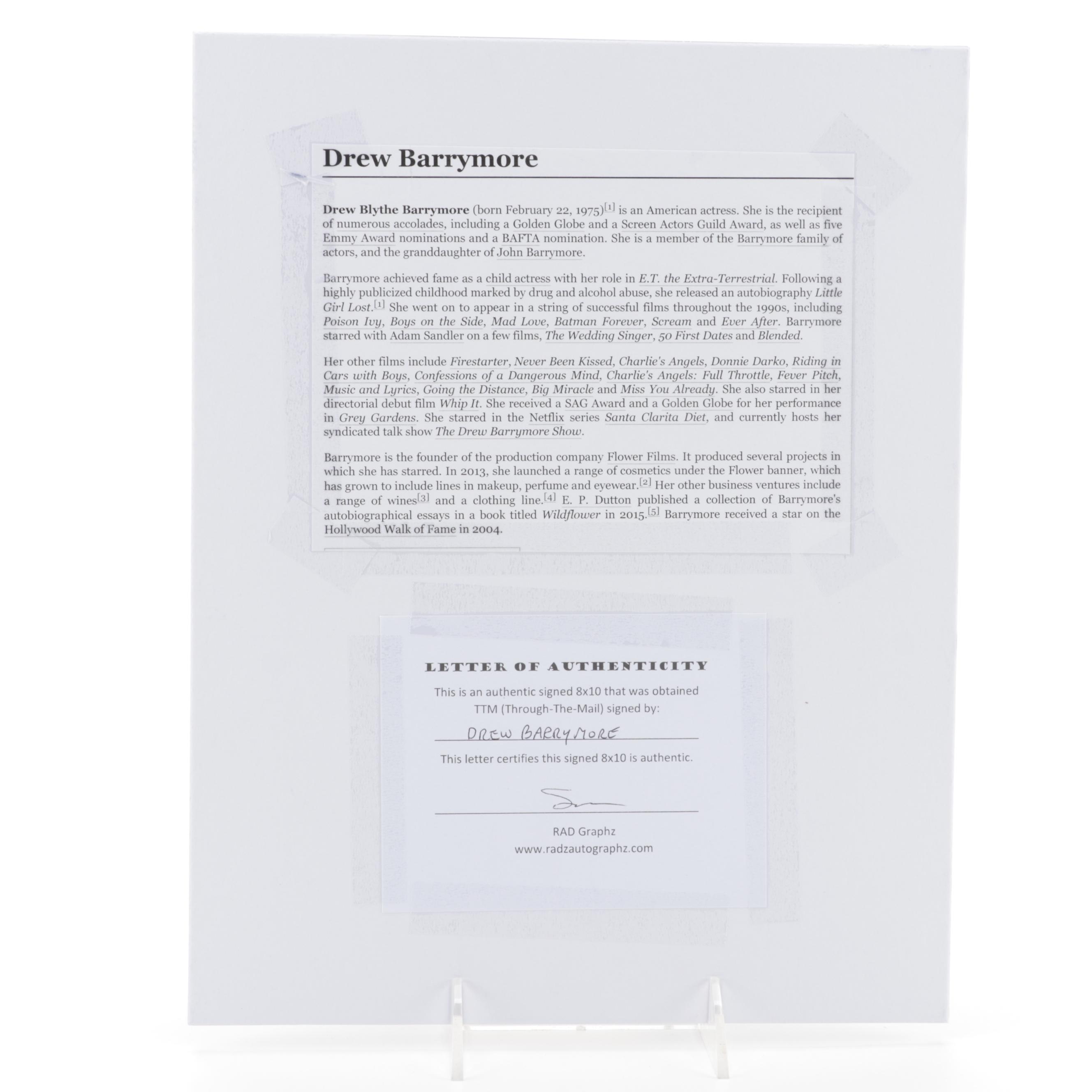 Drew Barrymore Signed "Golden Globe" and "Emmy Award" Winner Photo Print, COA