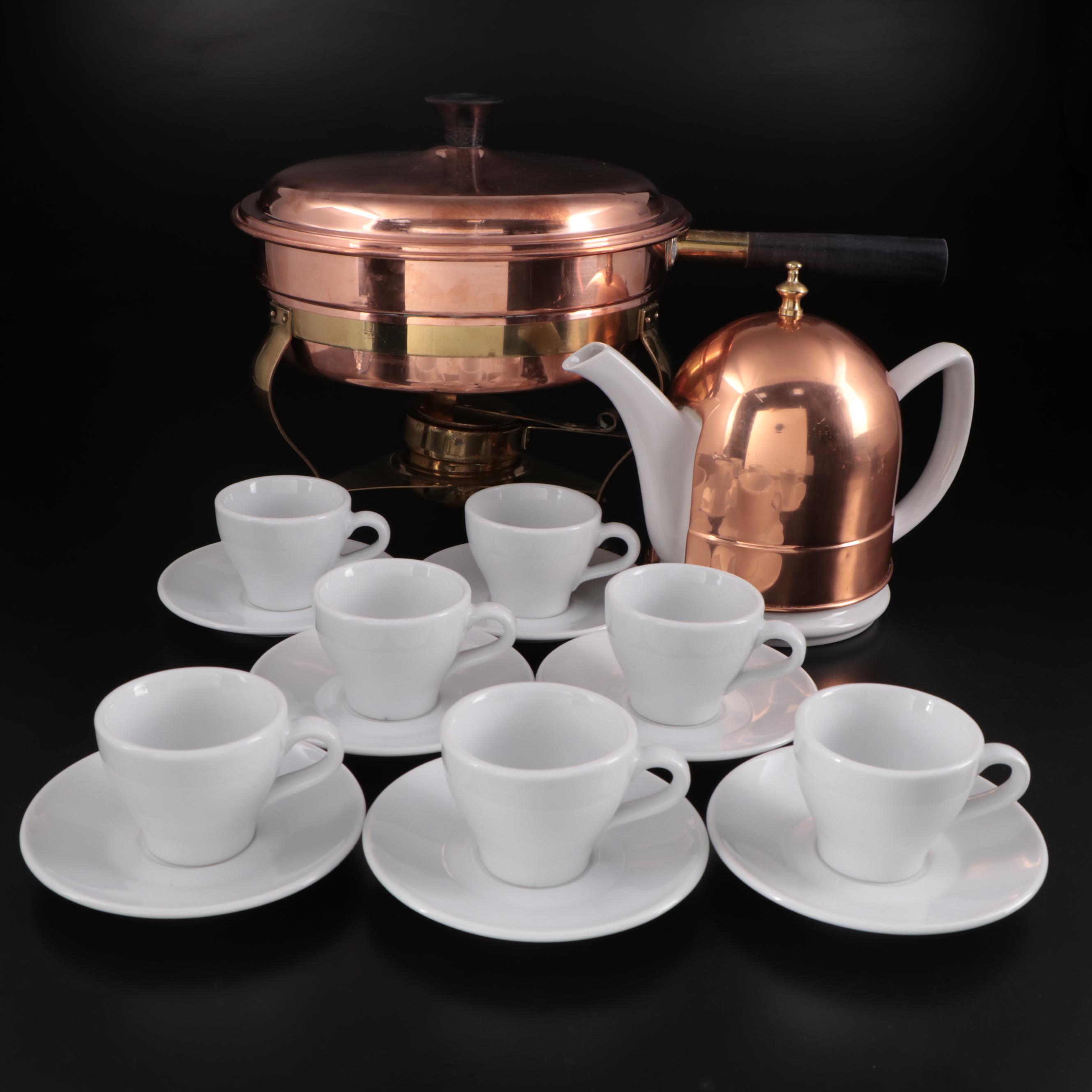 S.P.M. German Porcelain Tea Cups with Copper Chafing Dish and Teapot
