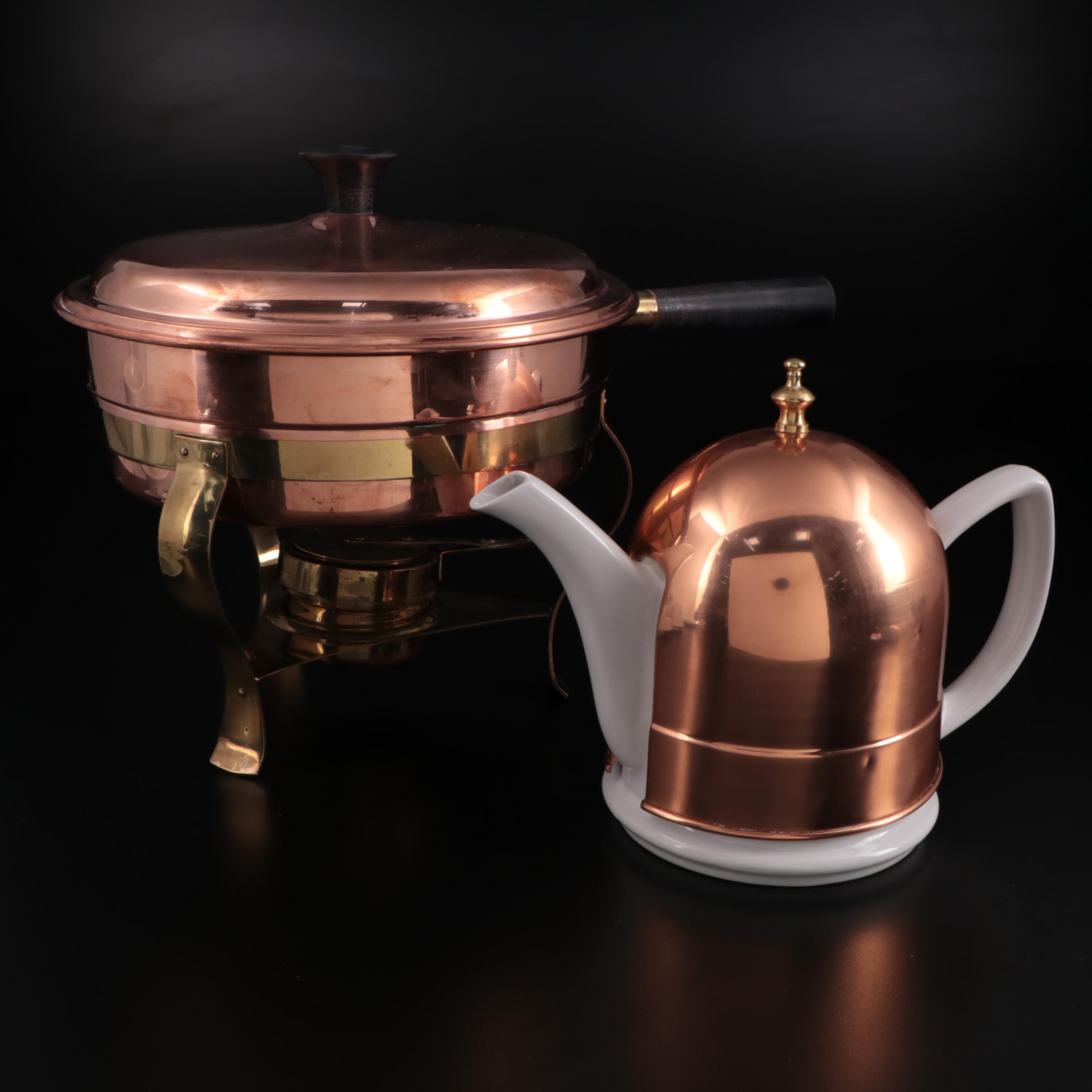 S.P.M. German Porcelain Tea Cups with Copper Chafing Dish and Teapot