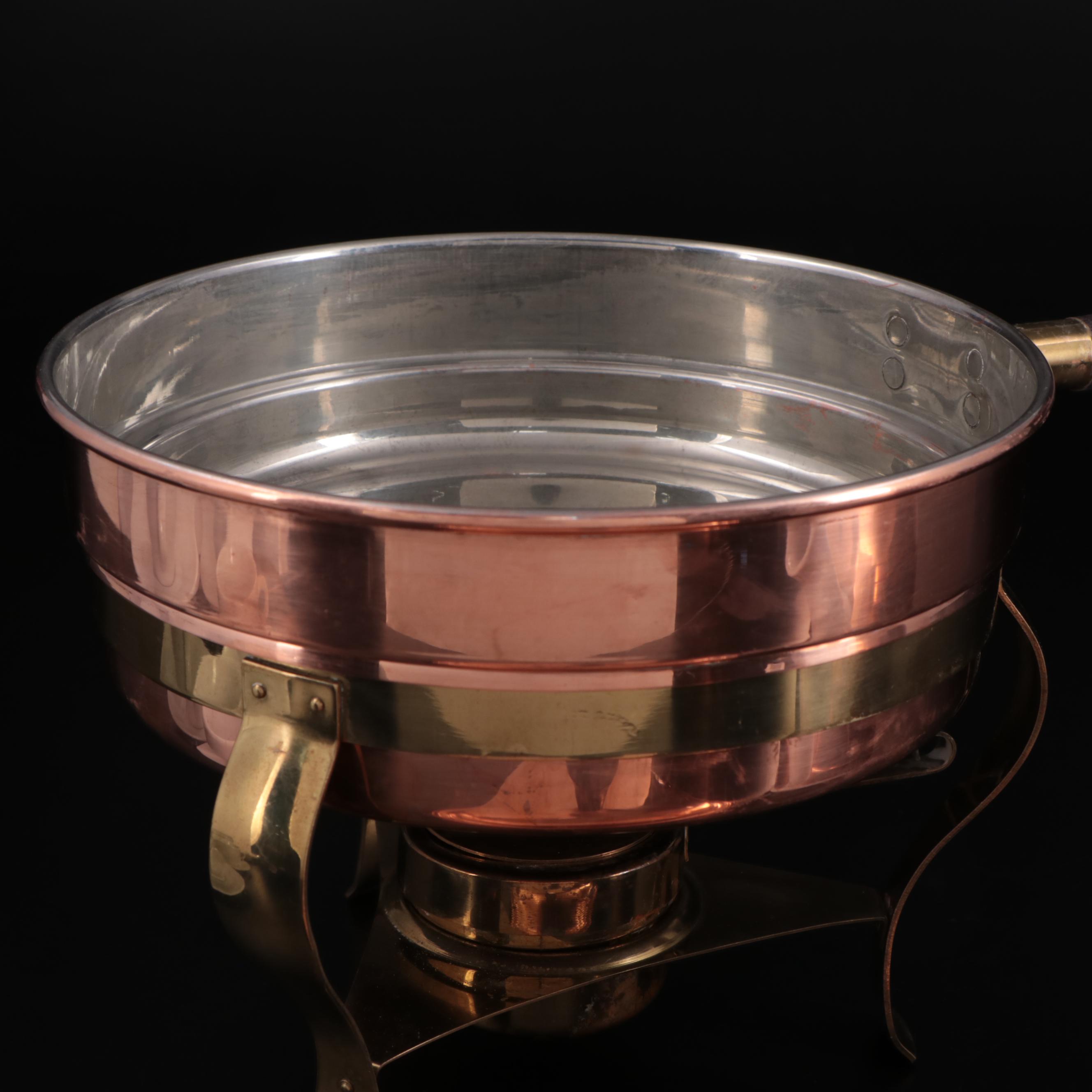 S.P.M. German Porcelain Tea Cups with Copper Chafing Dish and Teapot