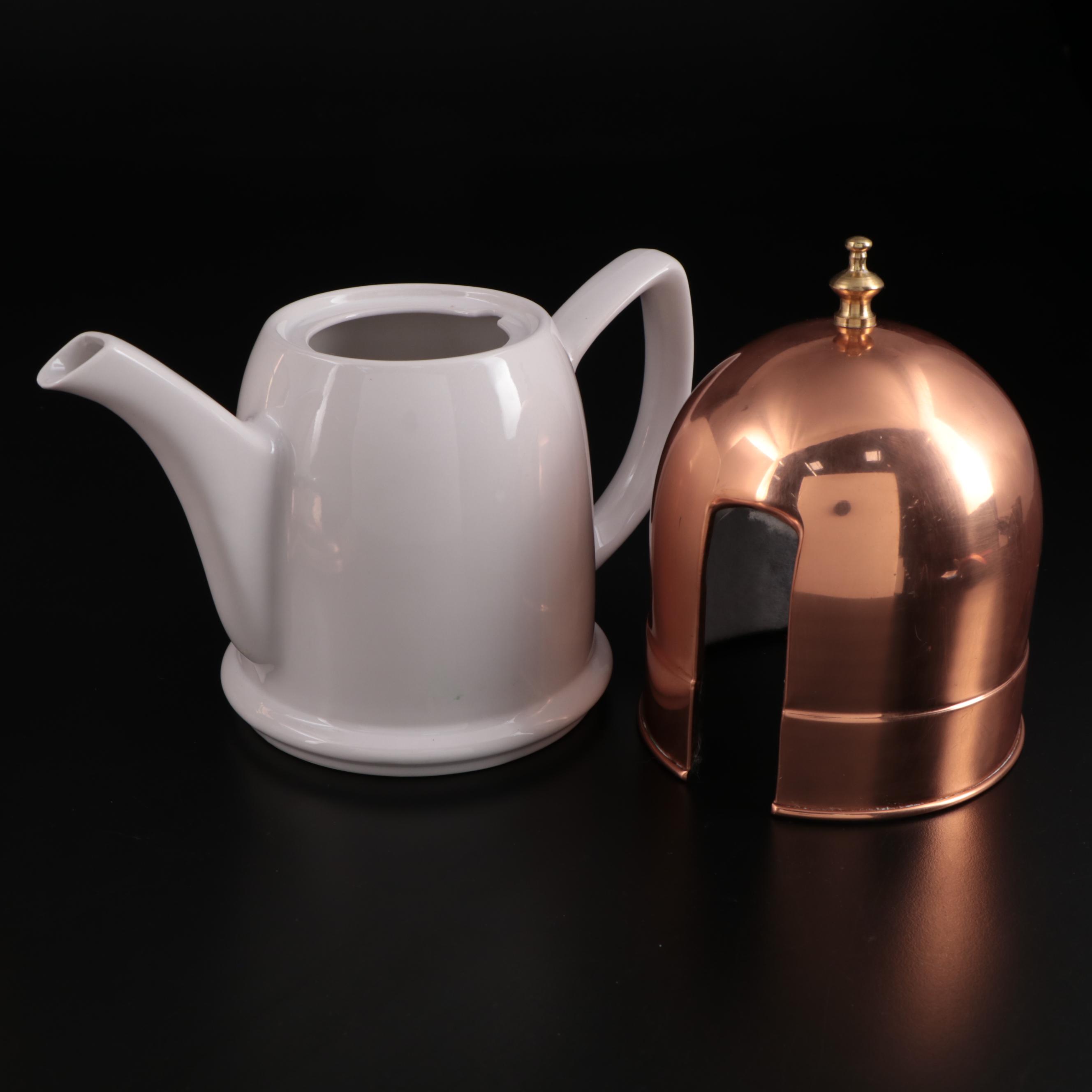 S.P.M. German Porcelain Tea Cups with Copper Chafing Dish and Teapot