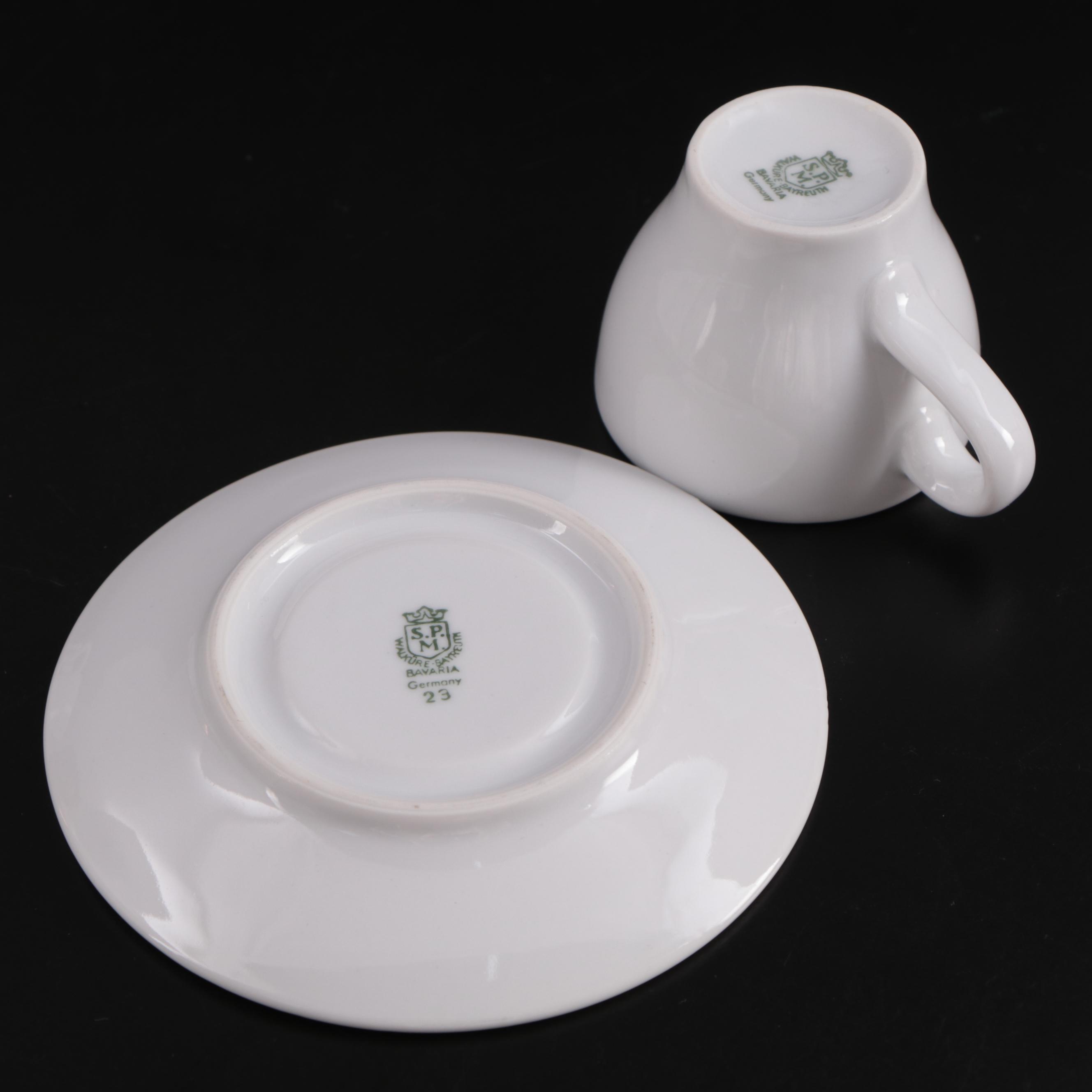 S.P.M. German Porcelain Tea Cups with Copper Chafing Dish and Teapot