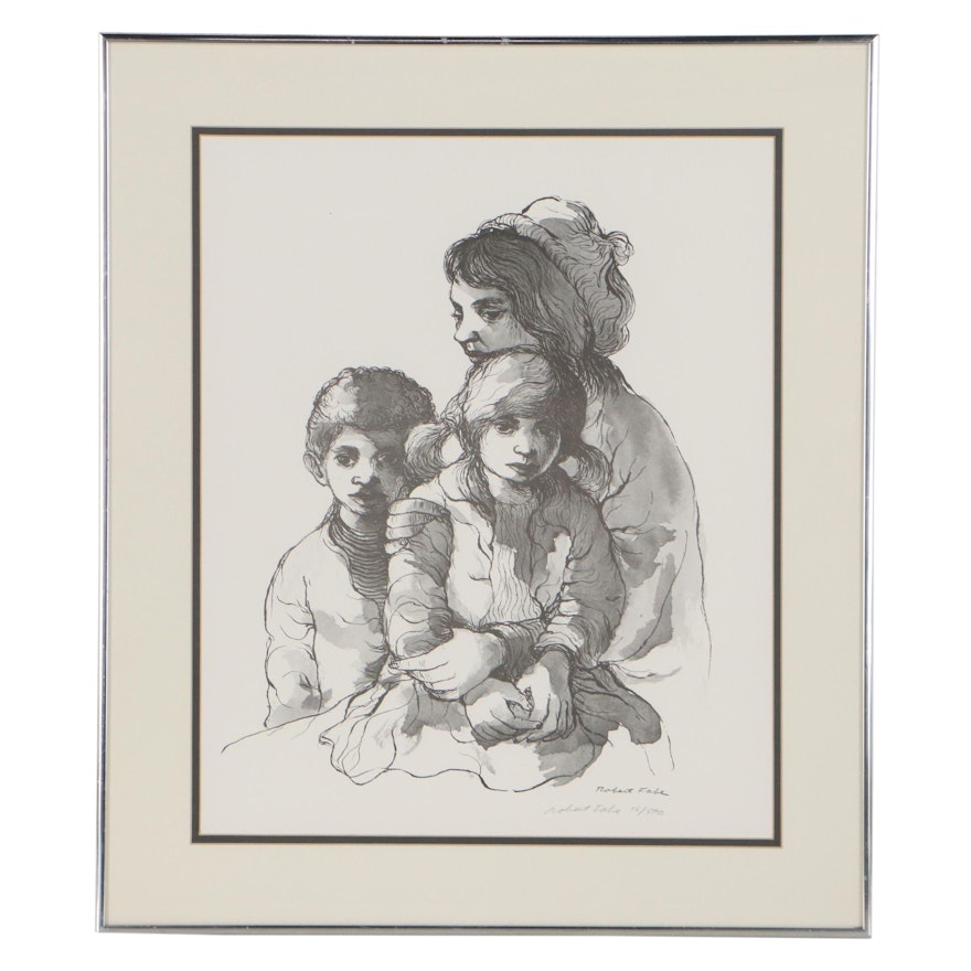 Robert Fabe Offset Lithograph of Mother and Children, Late 20th Century