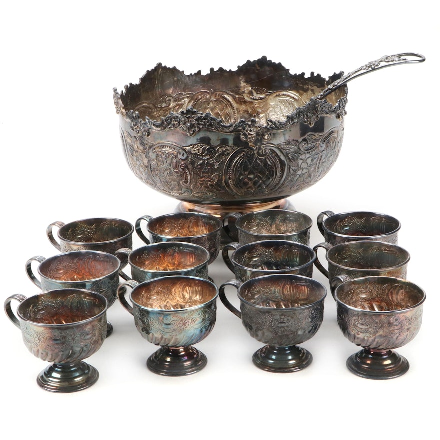 Israel Freeman & Son Silver Plate Punch Bowl, Cups, and Ladle, Early 20th C.