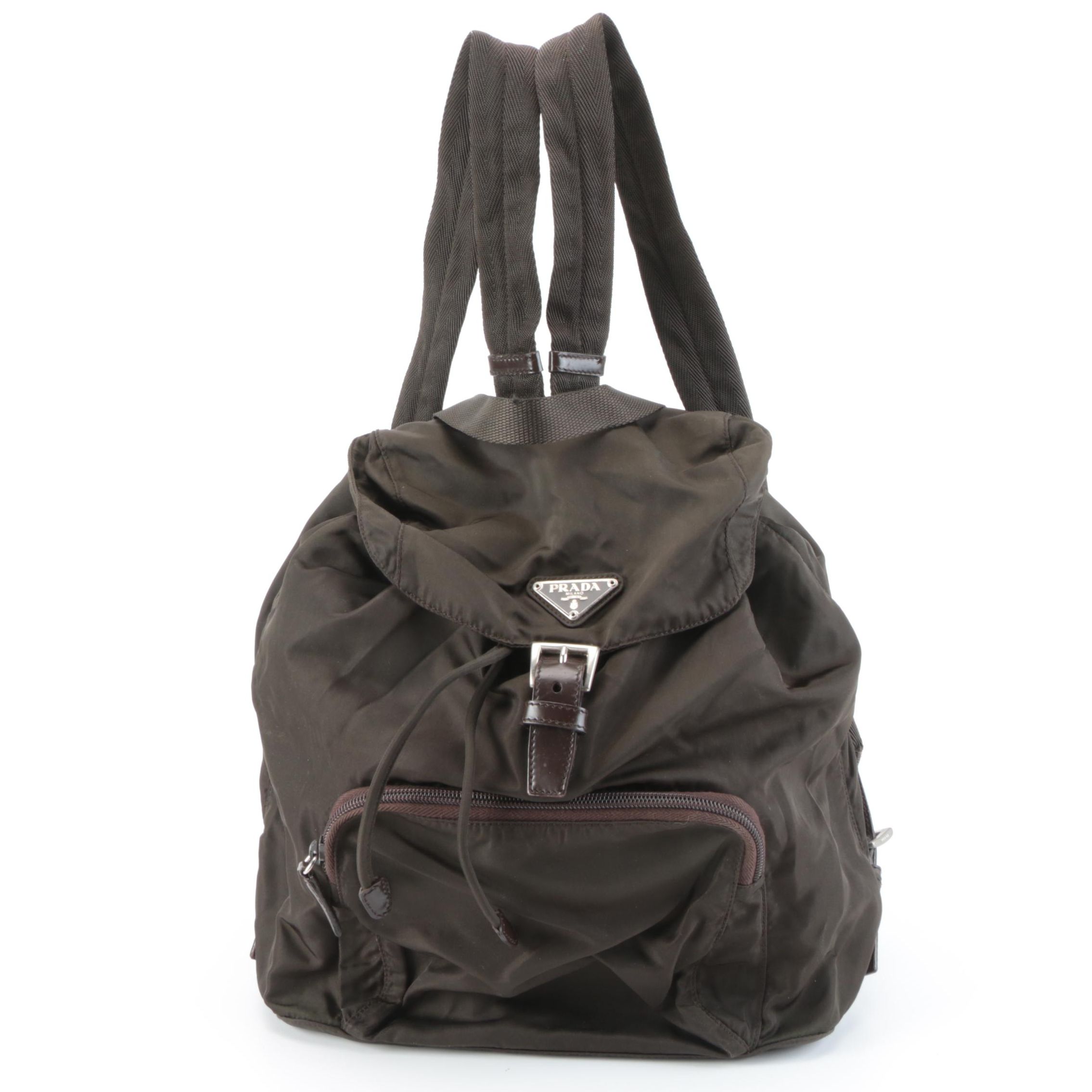 Prada Small Backpack in Dark Olive Nylon Tessuto with Dark Brown Leather Trim