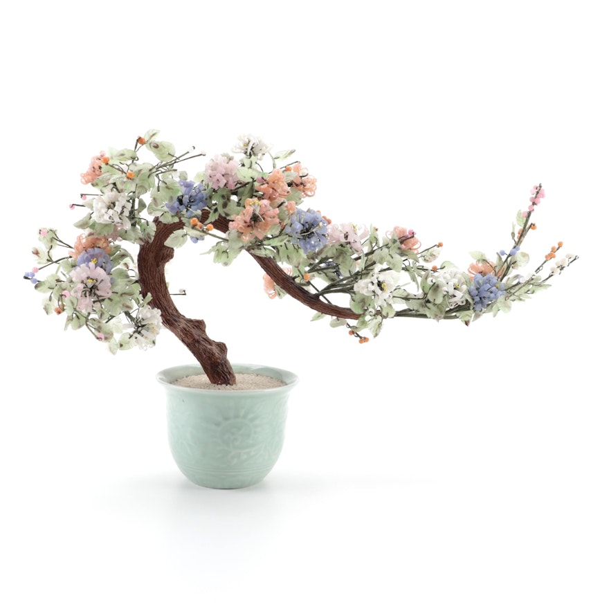 Chinese Floral and Foliate Glass Bonsai Tree in Celadon Ceramic Base