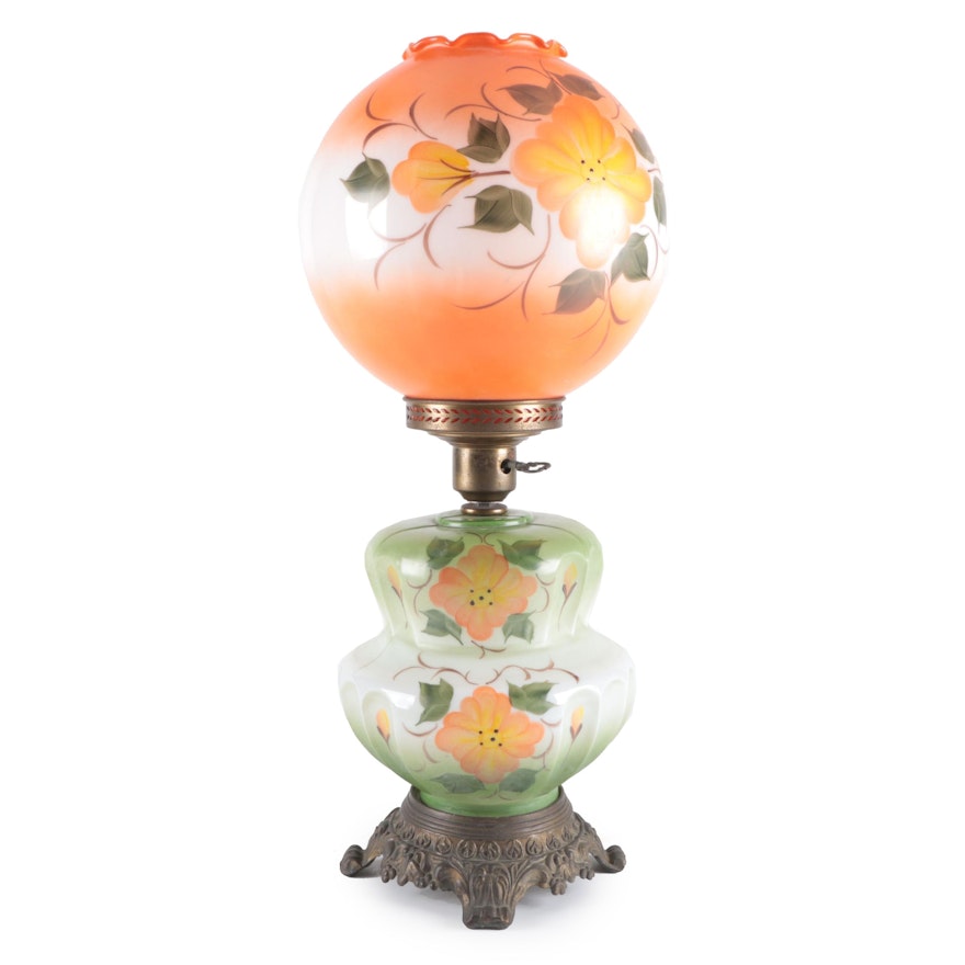 Hand-Painted Floral Parlor Oil Lamp, Electrified, Early/Mid 20th C