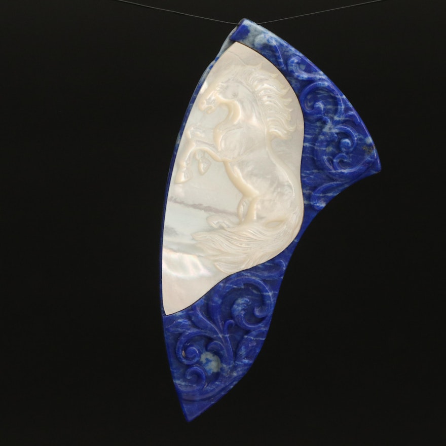 Mother of Pearl and Lapis Lazuli Carved Horse Pendant