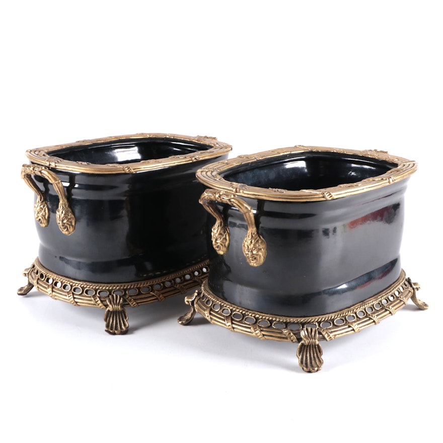 Andrea by Sadek Rococo Style Brass Mounted Ceramic Planters