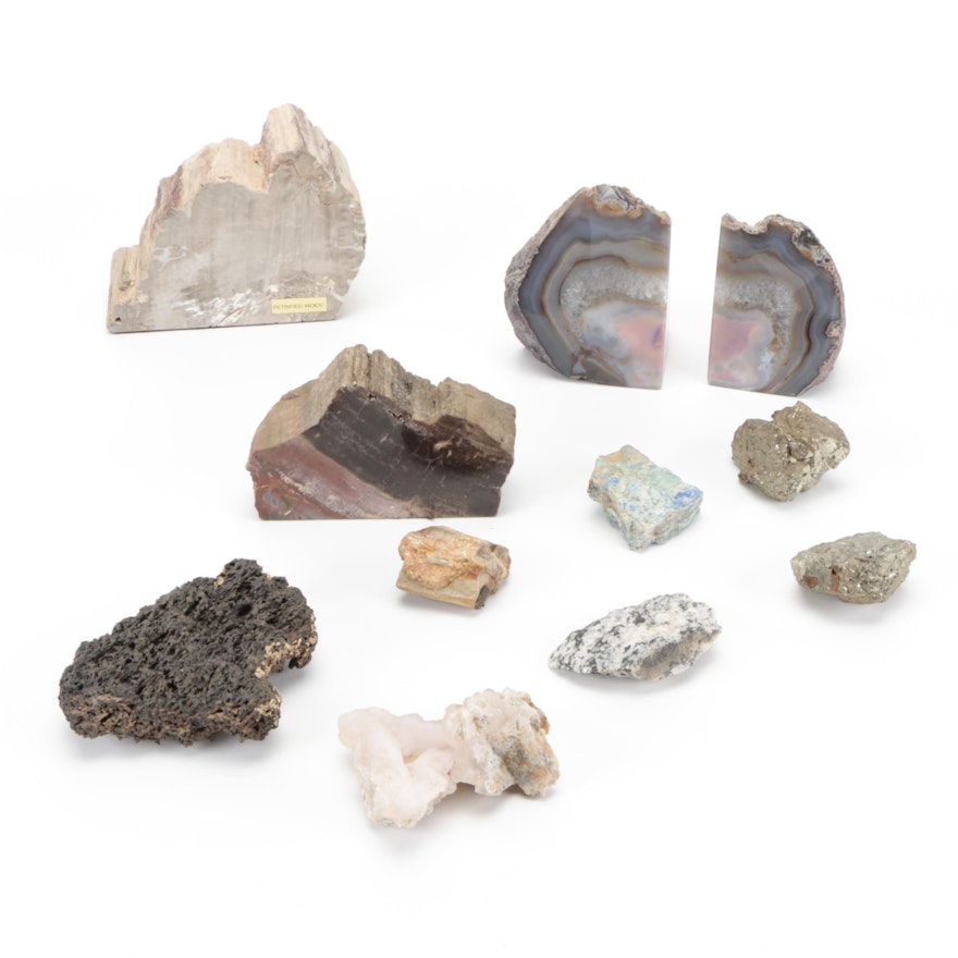 Petrified Wood, Geode Bookends, and Other Stone and Mineral Specimens