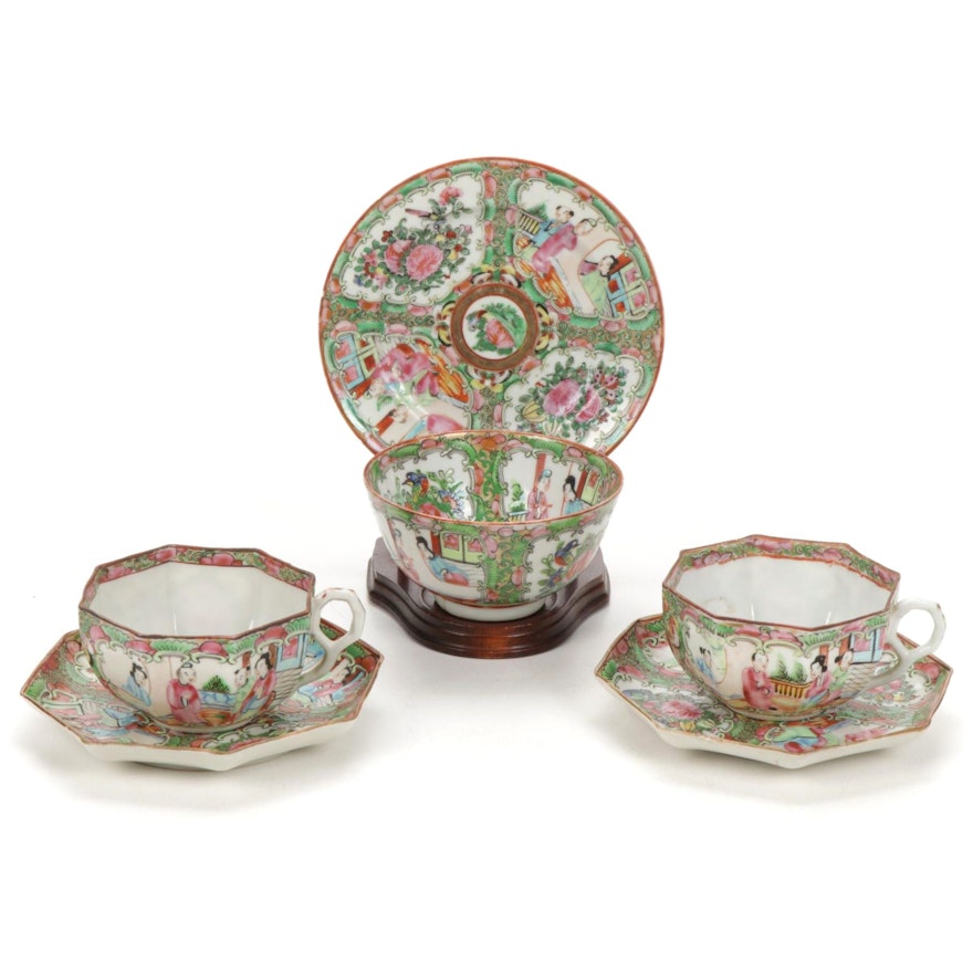 Chinese Export Porcelain Rose Medallion Hexagonal Teacups and Other Tableware