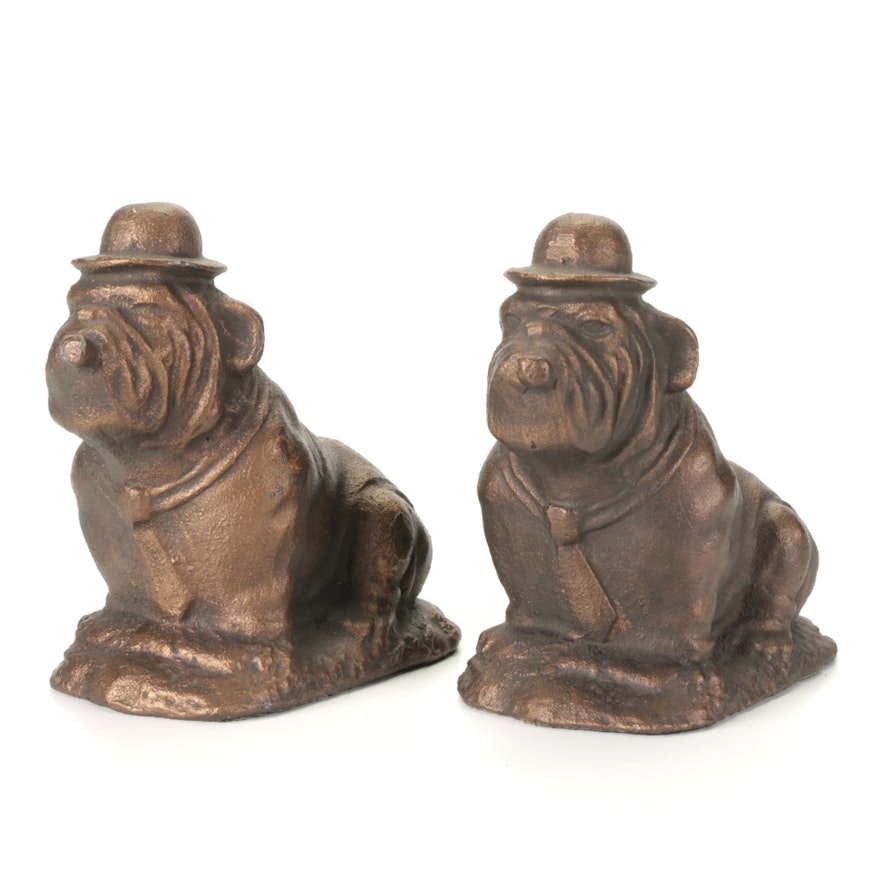 Patinated Cast Iron Cigar Smoking Bulldog Bookends, Mid-20th Century