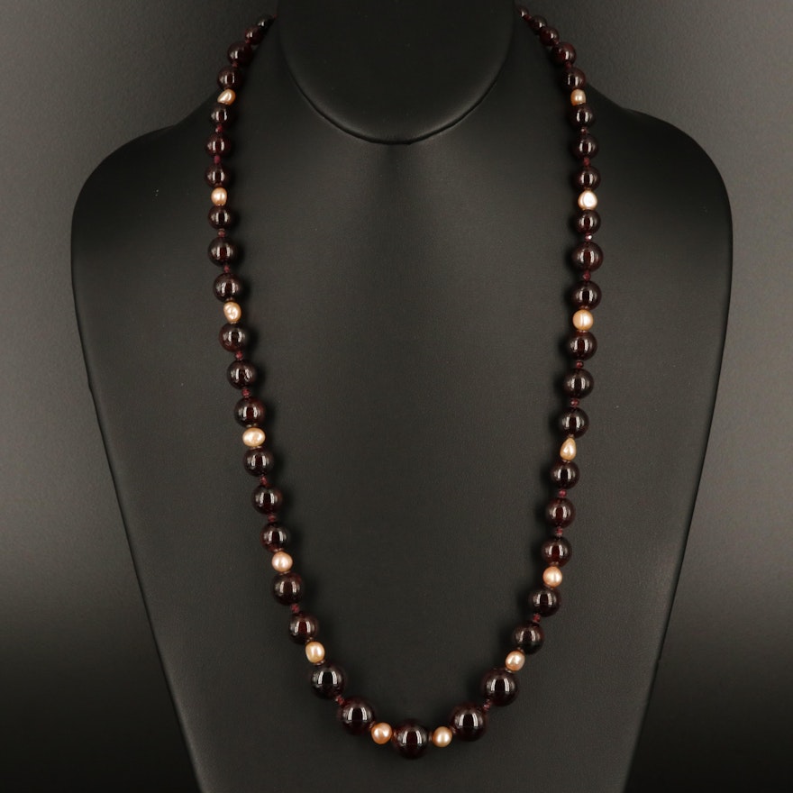 Graduated Garnet and Pearl Necklace with Sterling Clasp