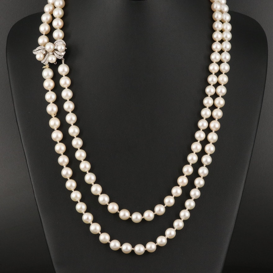 Double Strand Pearl Necklace with 14K Diamond Clasp