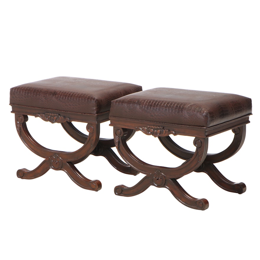 Pair of Coaster Fine Furniture Hardwood and Faux-Alligator Curule Stools