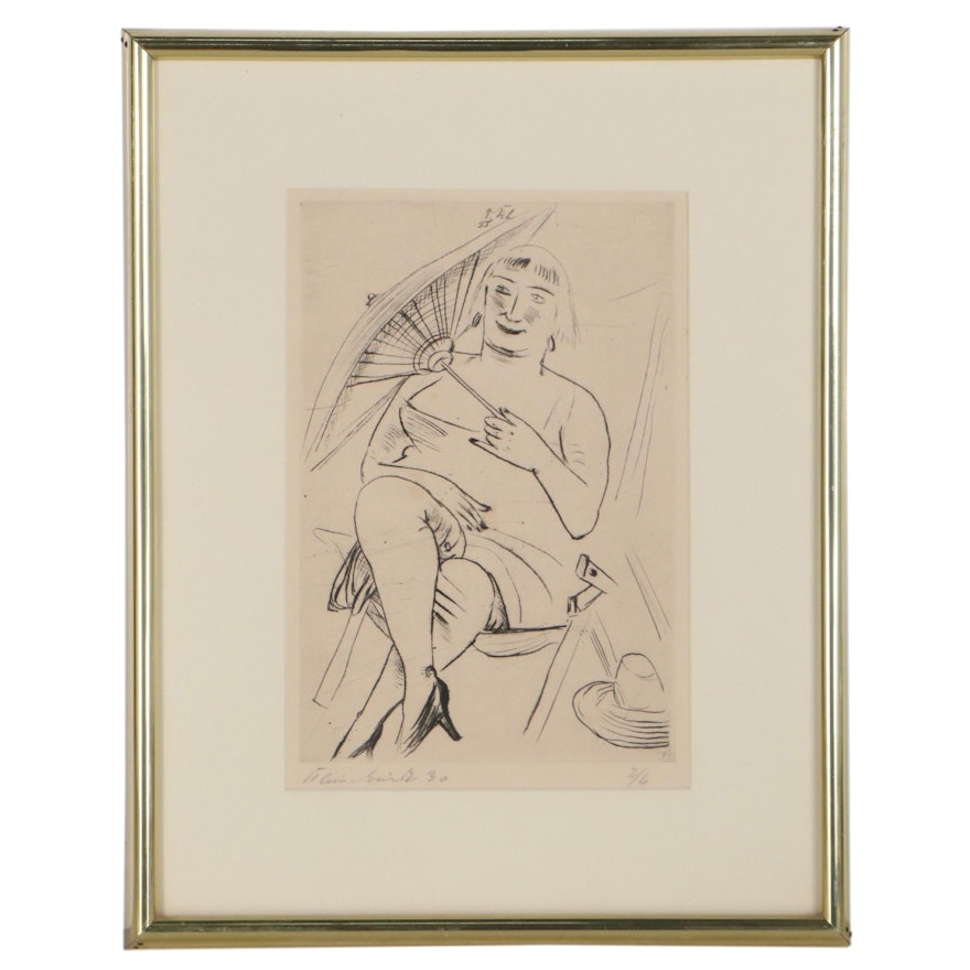 Paul Kleinschmidt Etching "Woman & Umbrella," 1930
