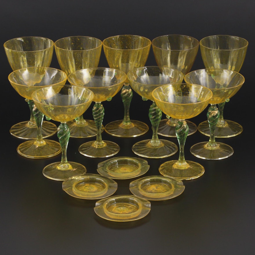 Salviati & Co. Murano Handblown Yellow and Green Art Glass Stemware and Ashtrays